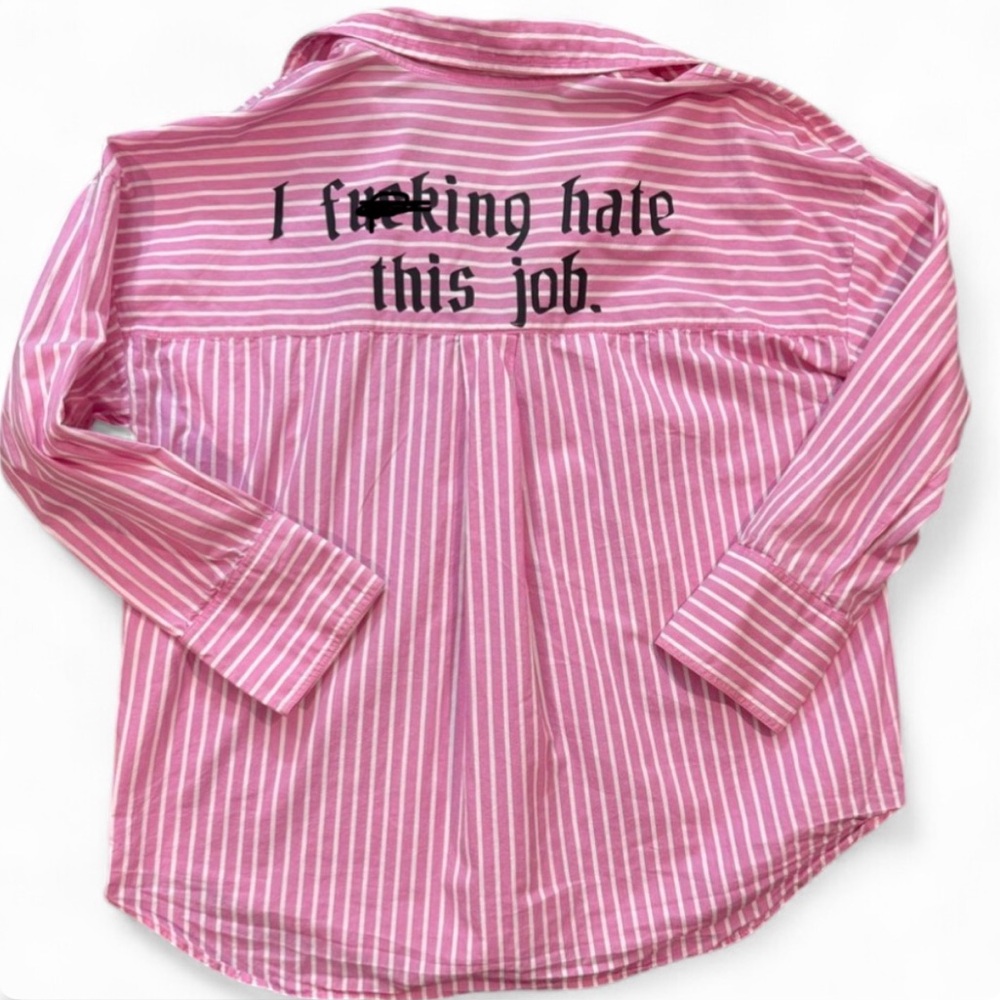 Reworked “Employee of the Month” Zara Pink and White Striped Shirt